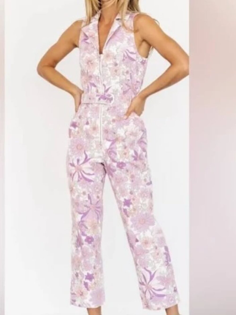 Skies are Blue Retro Floral Belted Zip Jumpsuit